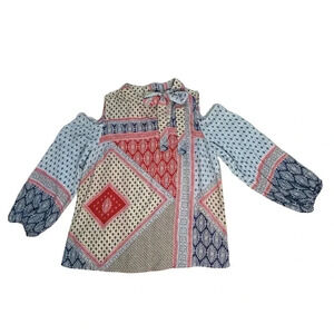 Chico’s women’s Cold Shoulder blouse red white blue patchwork pattern size 1 (M)